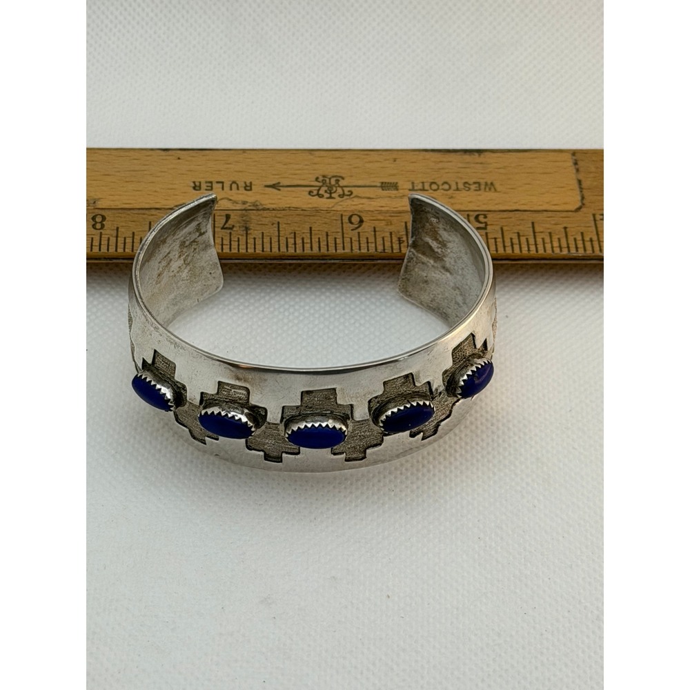 Native American Step Kiva Sterling Cuff Bracelet Lapis Lazuli 40+g - Picture 2 of 7